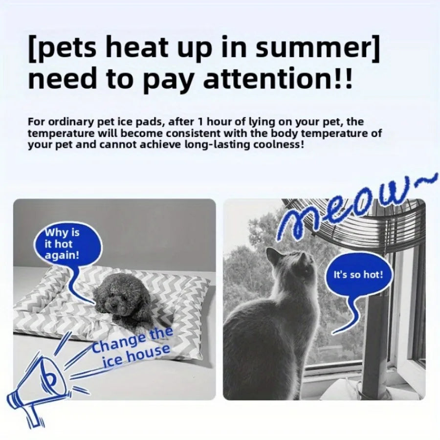 Two images showing pets near ice pads with text about pet heat issues and ice pad effectiveness.