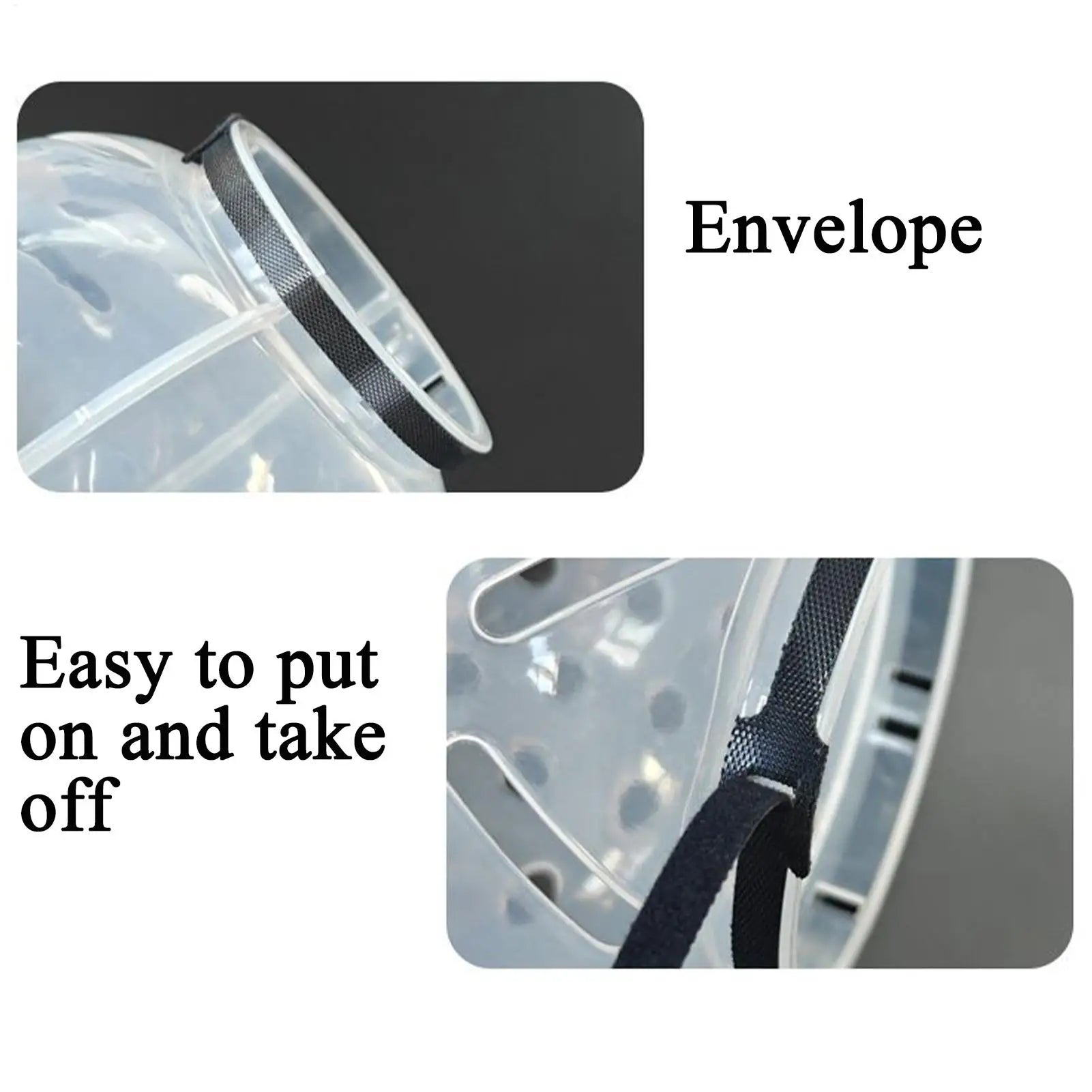 Transparent shoe cover with black mesh and text indicating ease of use.