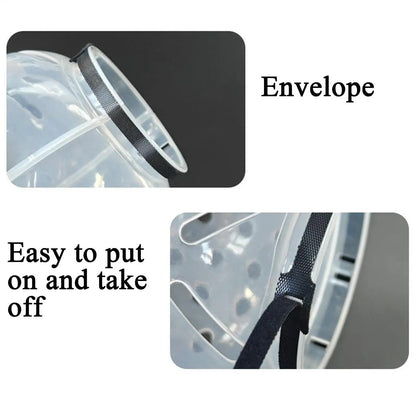 Transparent shoe cover with black mesh and text indicating ease of use.