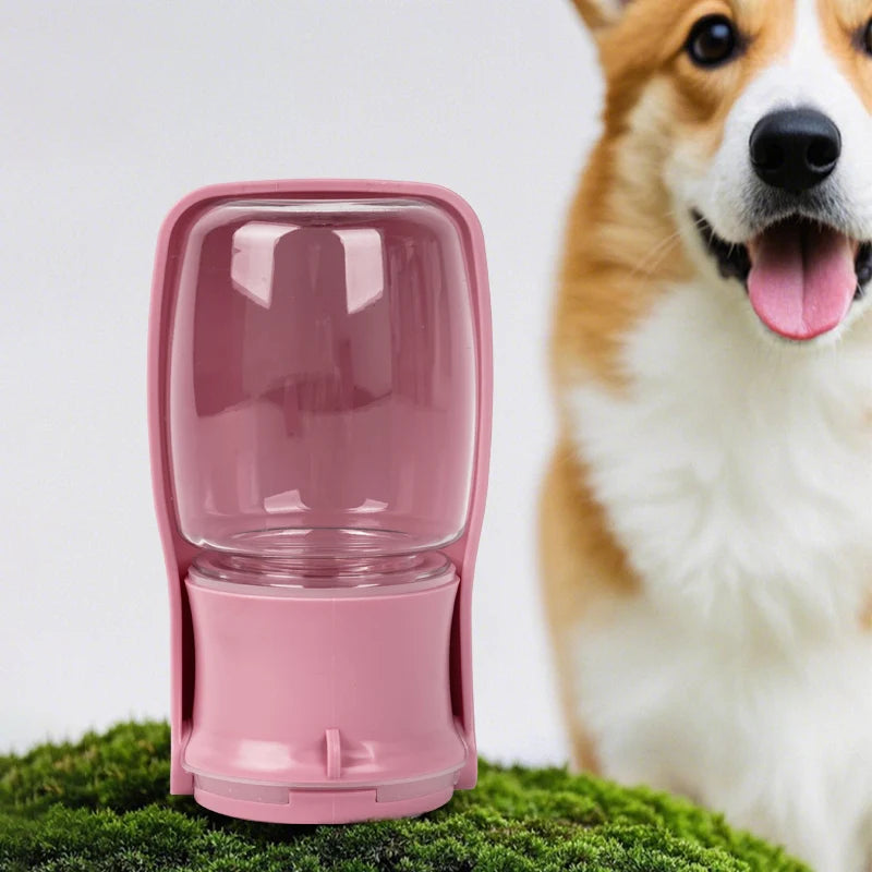 Pink pet water bottle on a grassy surface with a dog in the background