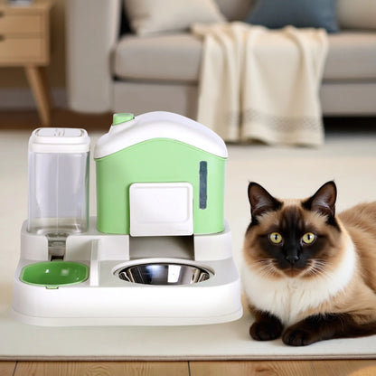 Pet feeding station with a cat sitting next to it in a living room setting