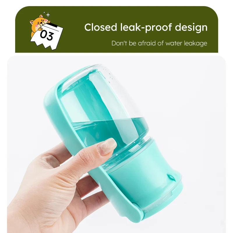 Turquoise container with a hand holding it, labeled 'Closed leak-proof design' on a white background.