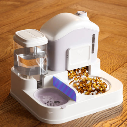 Pet feeding and water station on a wooden floor