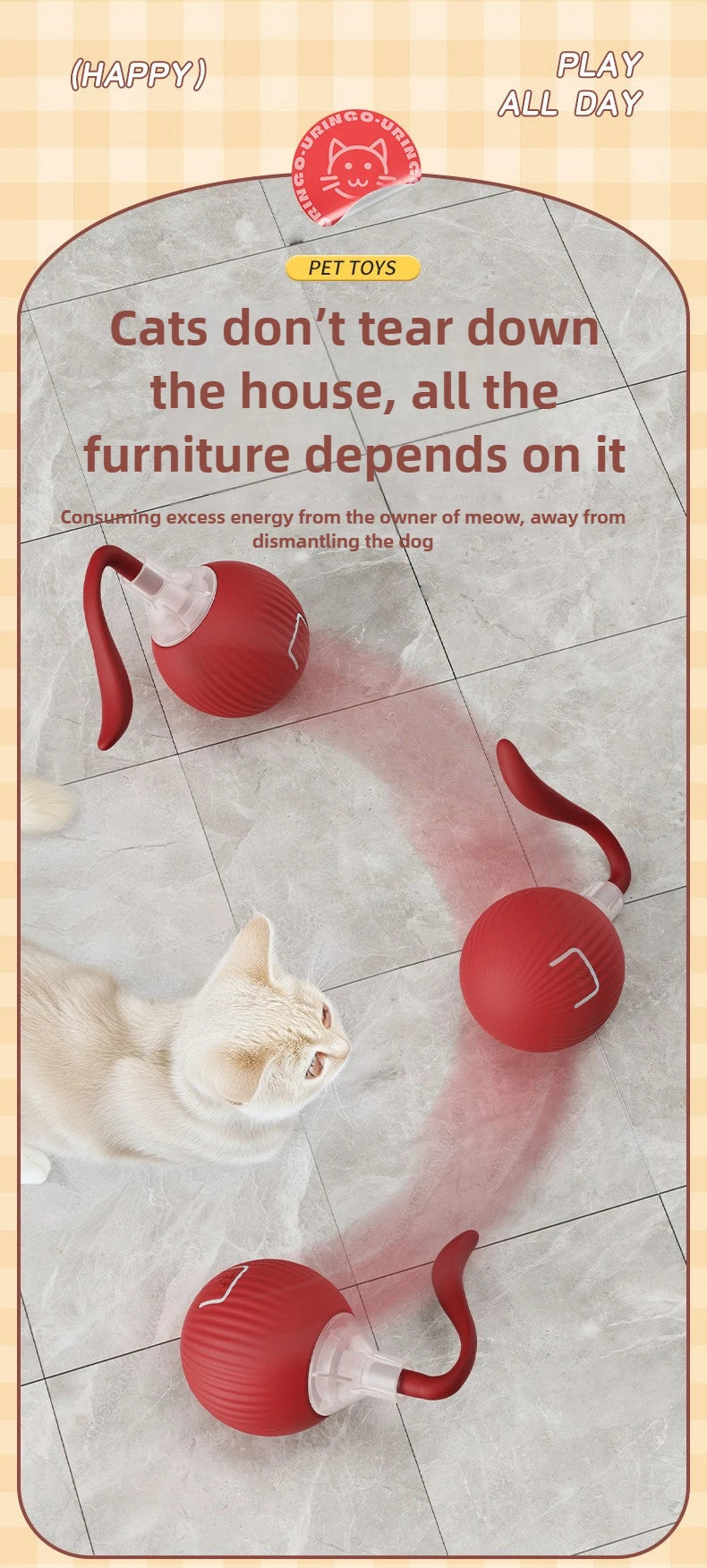 Red cat toy with text on a tiled floor background