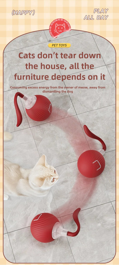 Red cat toy with text on a tiled floor background