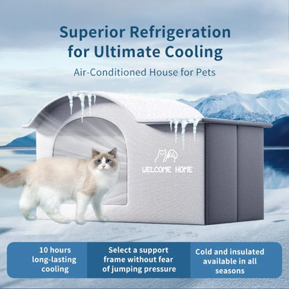 Pet air-conditioned house with a cat in a snowy landscape, featuring text about superior refrigeration and features.