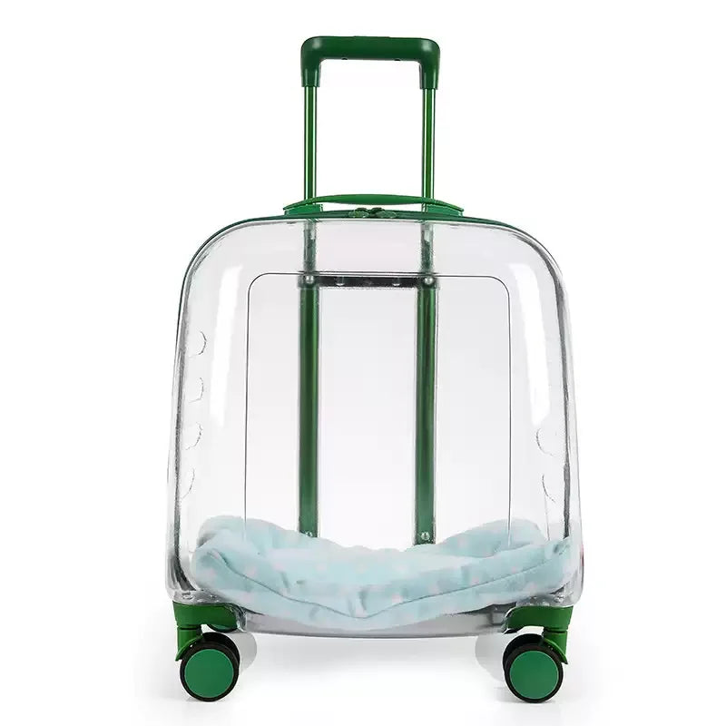 Clear suitcase with green wheels and handle on a white background