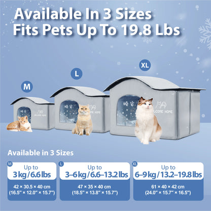 Pet house with size chart indicating fits pets up to 19.8 lbs in three sizes.