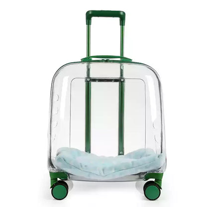 Clear suitcase with green handle and wheels on a white background