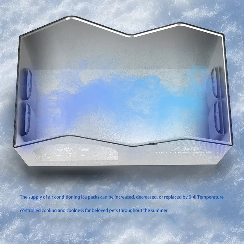 Pet house interior showing 4 built-in ice pack slots for adjustable summer cooling, holding 0-4 ice packs