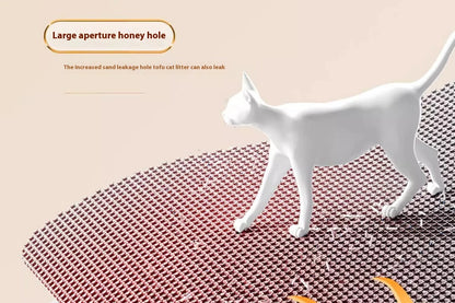 White cat standing on a textured mat with text about a large aperture honey hole.