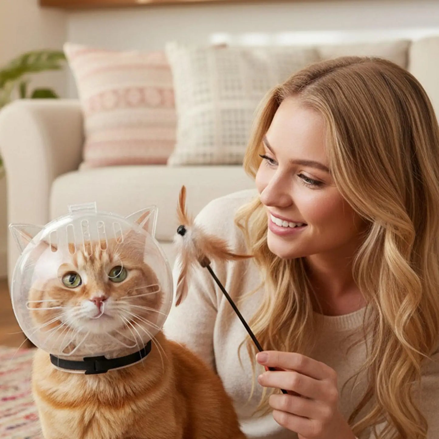 Woman petting a cat wearing a cone-shaped pet helmet in a cozy living room.