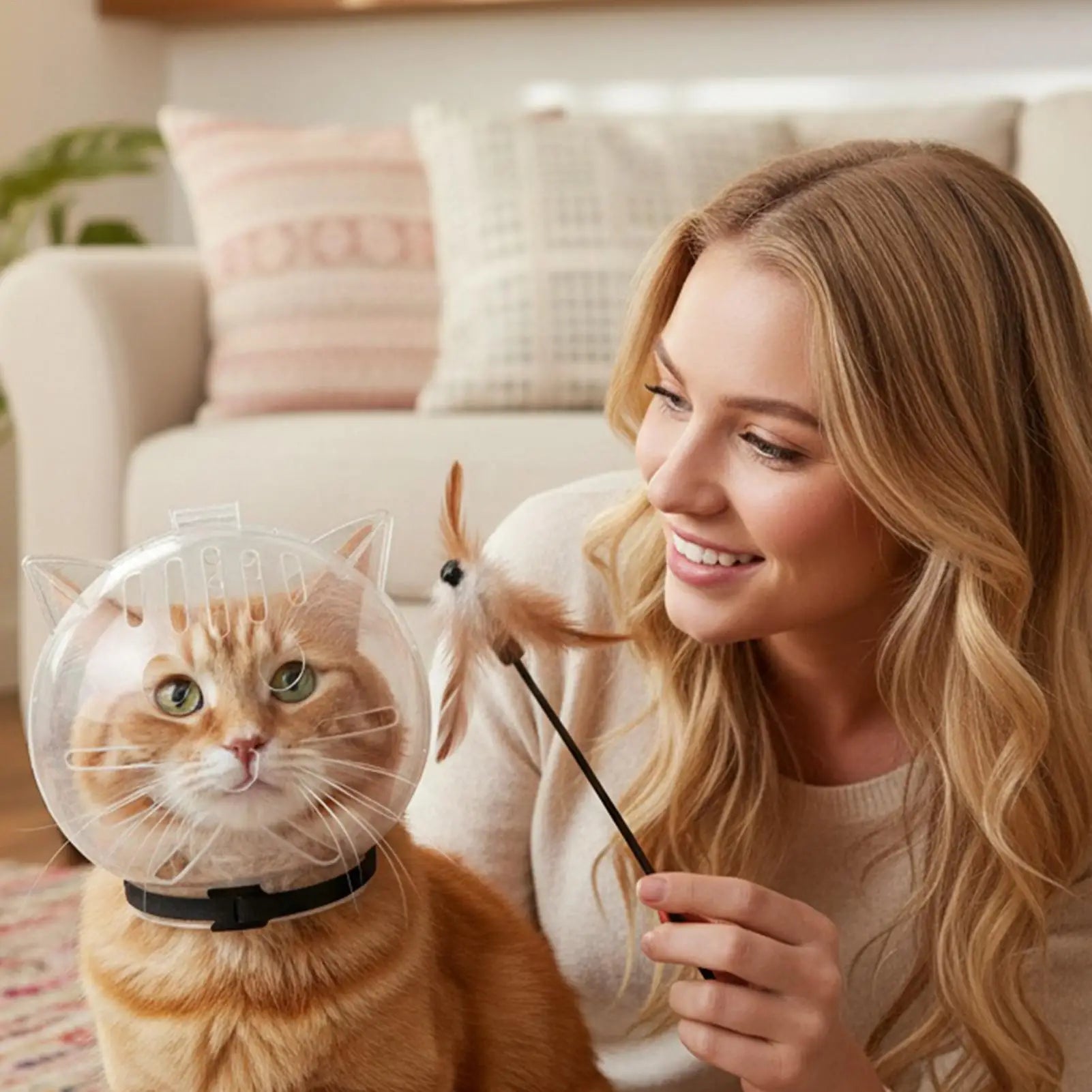 Woman petting a cat wearing a cone-shaped pet helmet in a cozy living room.