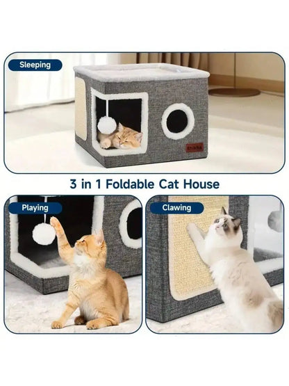 3-in-1 foldable cat house with sleeping, playing, and clawing functions on a white background.