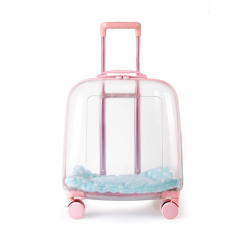 Clear suitcase with pink handle and wheels on a white background