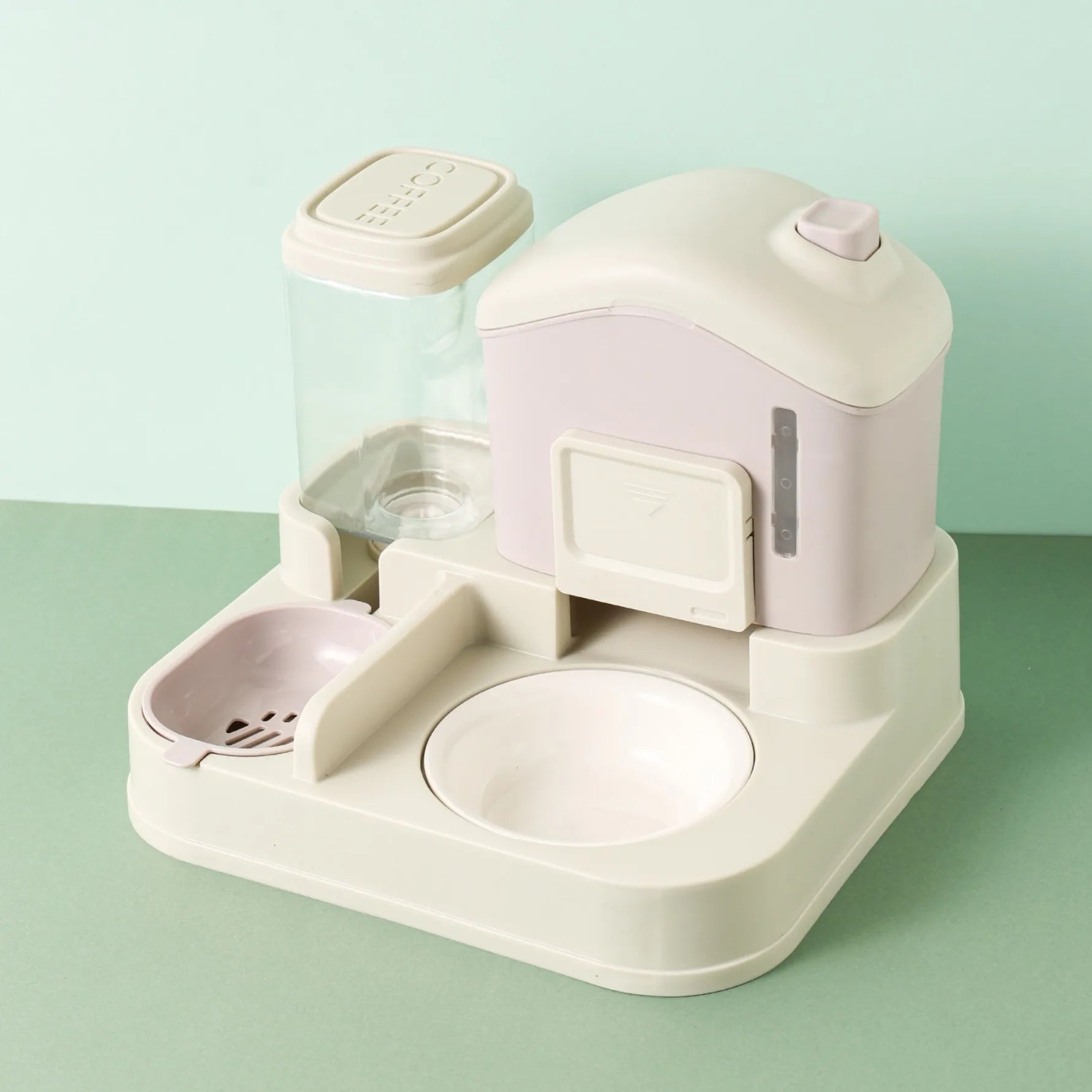 Pet feeding and water station on a green background
