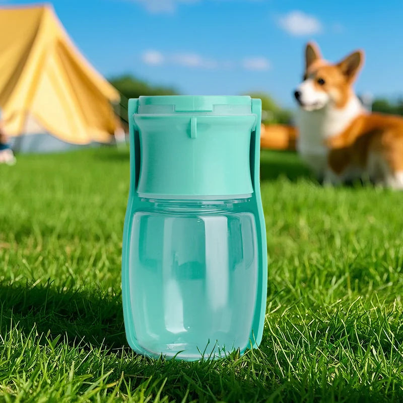 Turquoise water bottle on grass with a dog and tent in the background
