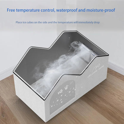Pet house interior with cooling mist effect, demonstrating waterproof and temperature-control features