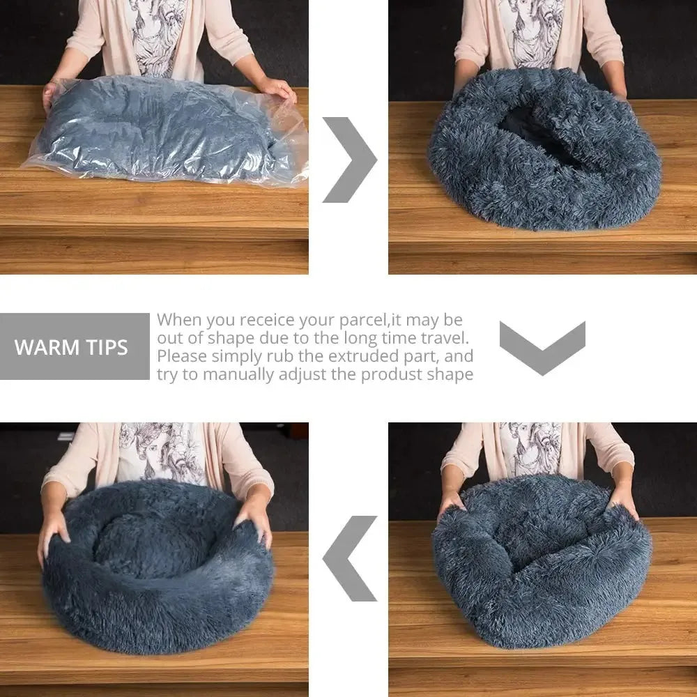 Step-by-step process of unfolding a blue pet bed on a wooden surface.