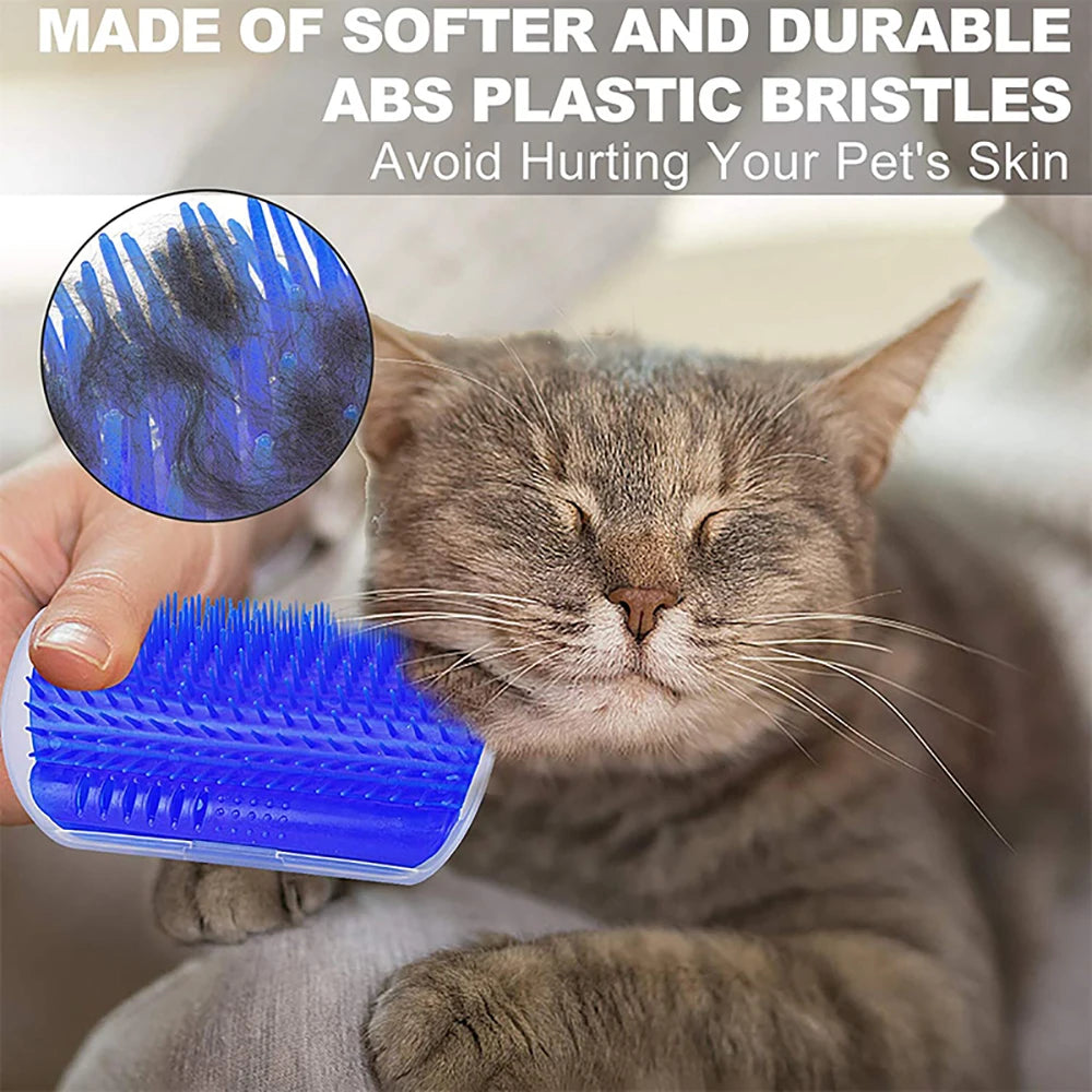 Pet grooming brush with blue bristles being used on a cat, highlighting softer and durable ABS plastic bristles.