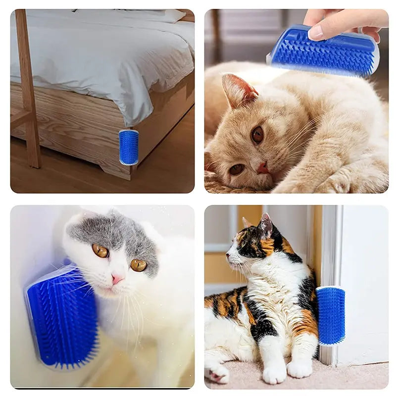 Collage of a blue pet grooming brush being used on cats and a bed.