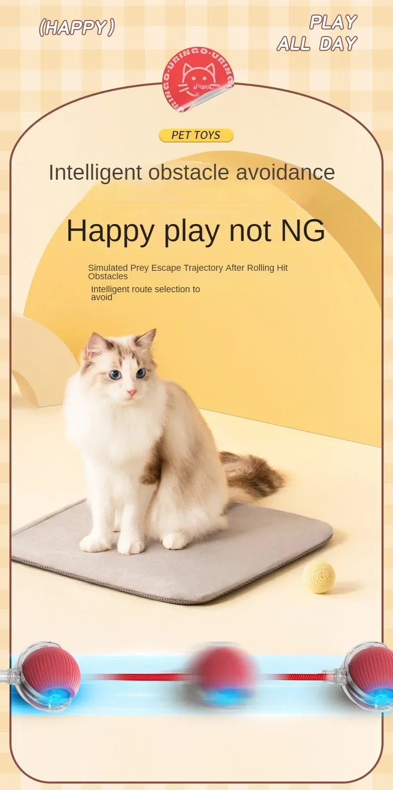 Cat playing on a mat with toy balls, promotional text about intelligent obstacle avoidance and safe play.
