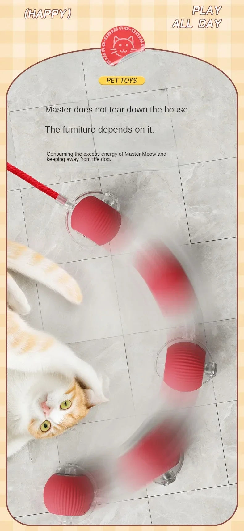 Cat toy with red balls on a marble floor, featuring text about a cat named Master.