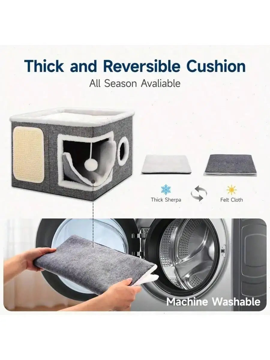 Reversible cushion with thick sherpa and felt cloth, machine washable feature shown.