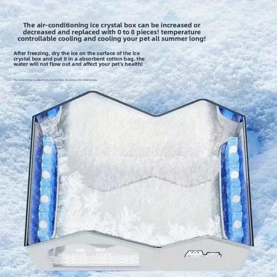 Pet cooling pad with ice crystal box on a snowy background