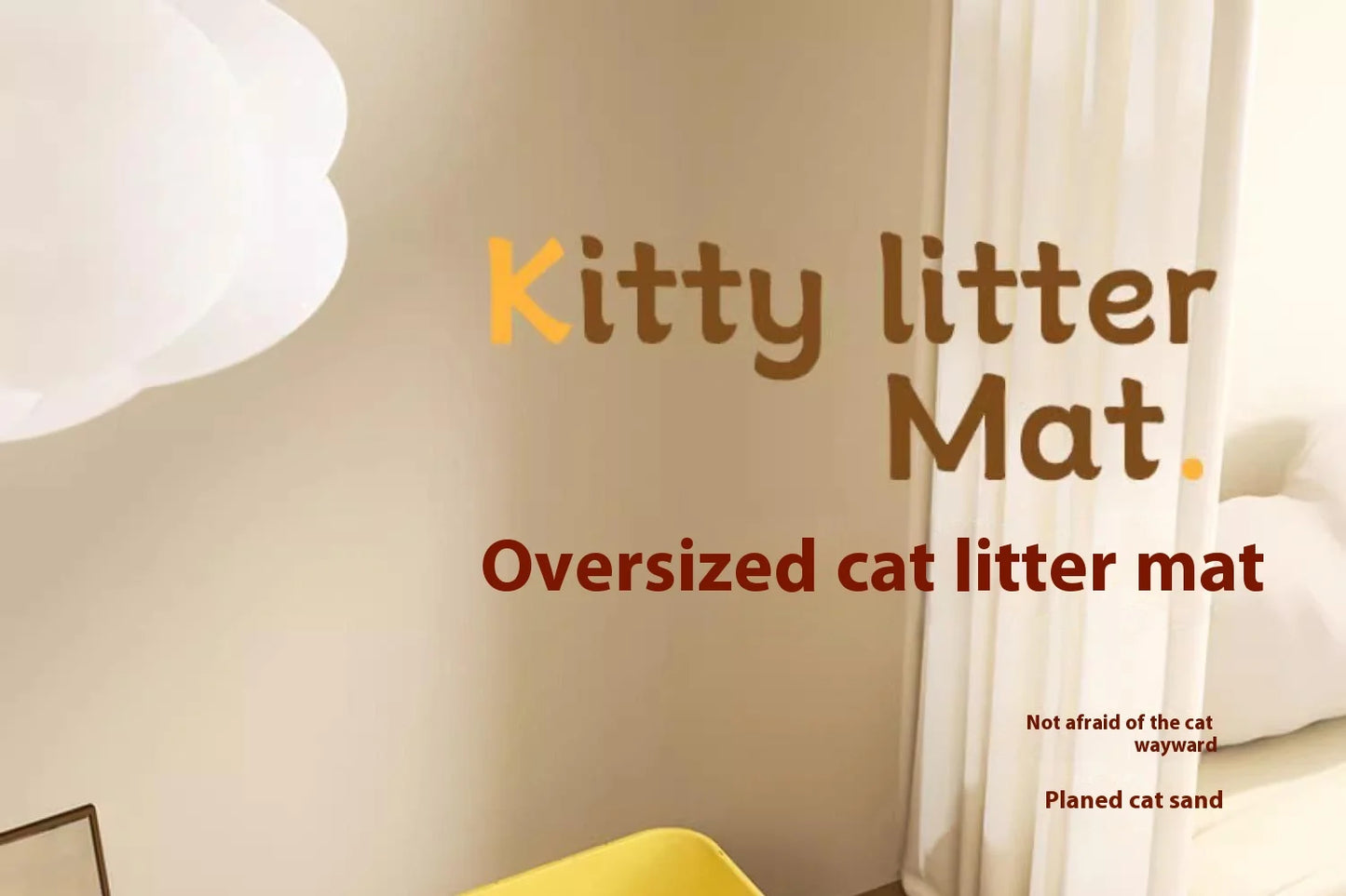 Advertisement for an oversized cat litter mat with text on a neutral background.