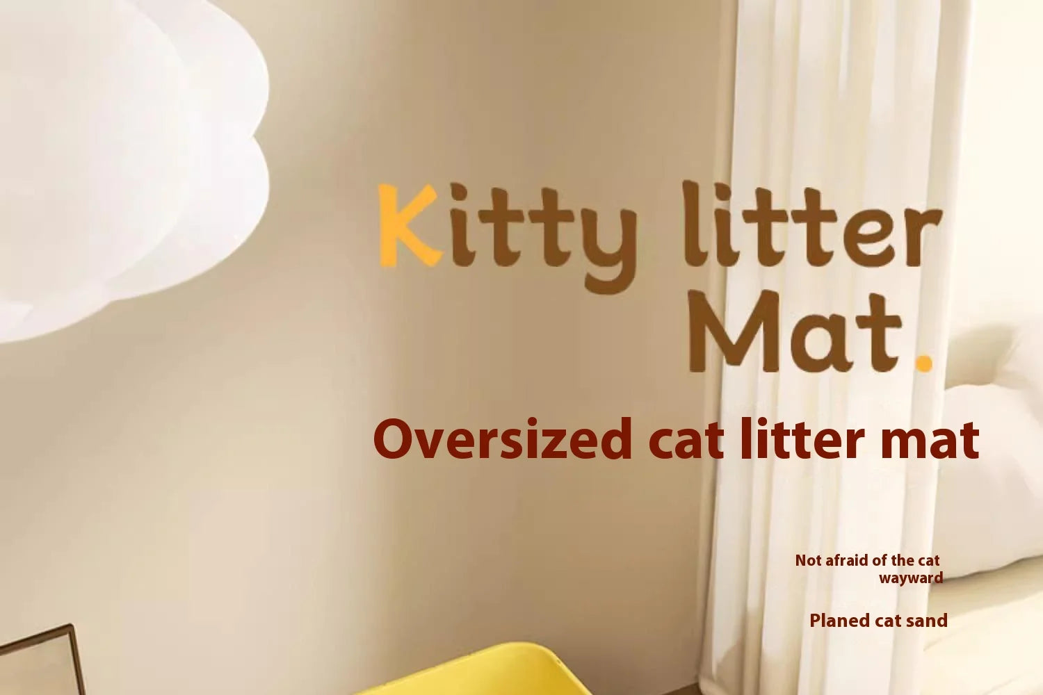 Advertisement for an oversized cat litter mat with text on a neutral background.