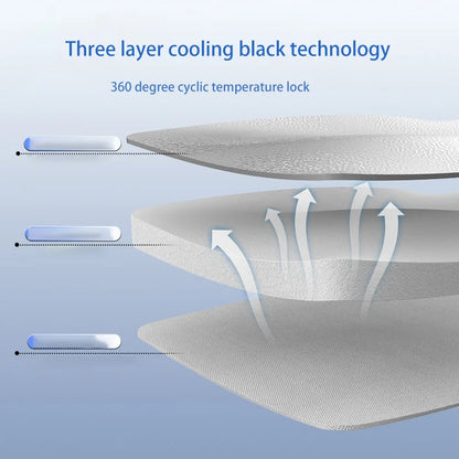 Three-layer cooling technology diagram showing 360-degree temperature regulation with airflow between fabric layers