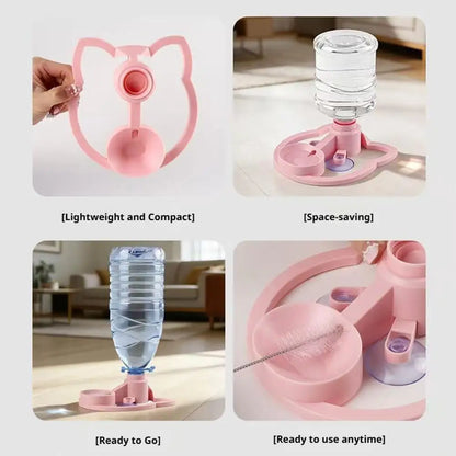Collage of a pink pet water bottle and feeder with features highlighted.
