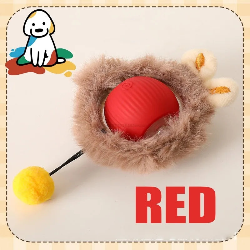 Red ball with brown furry cover and yellow pom-pom on a beige background