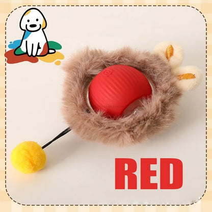 Red ball with brown furry cover and yellow pom-pom on a beige background