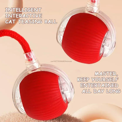 Red interactive cat teasing ball with text on a beige background