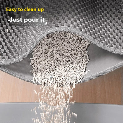 Cat litter being poured into a scoop with text 'Easy to clean up, Just pour it' on a textured surface.