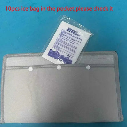 Gray pouch with a clear window containing an ice bag on a blue background