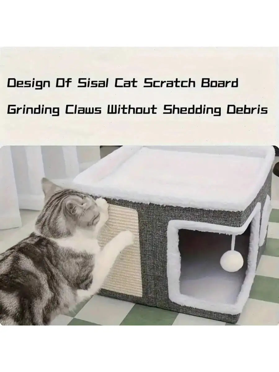 Cat interacting with a sisal cat scratch board on a checkered floor.