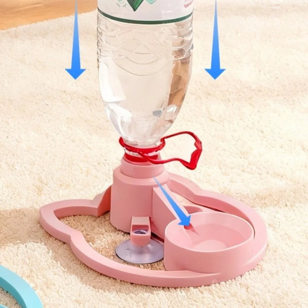 Pink pet water bottle holder with a water bottle on a beige carpet