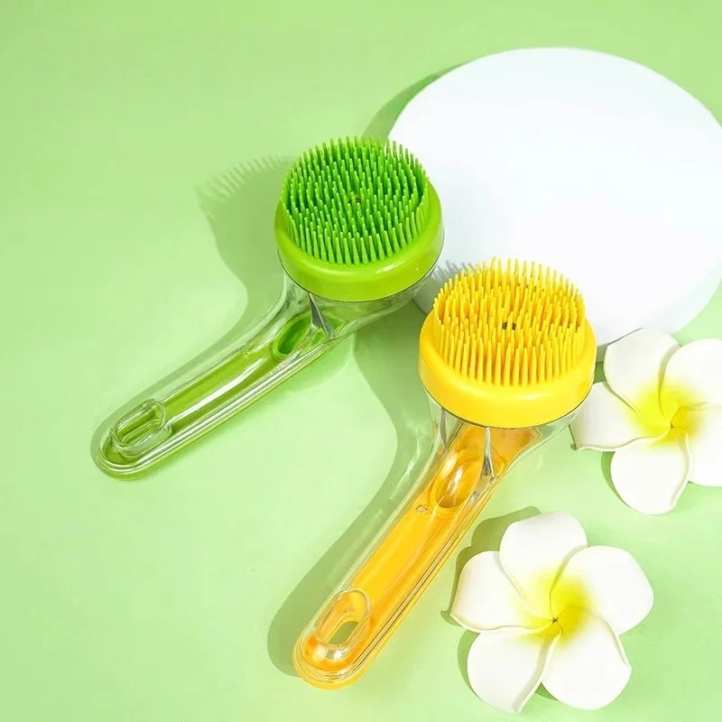 Two cleaning brushes, one green and one yellow, on a light green background with white flowers.