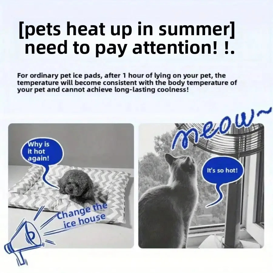 Two images showing pets near ice pads with text about pet heat issues and ice pad effectiveness.