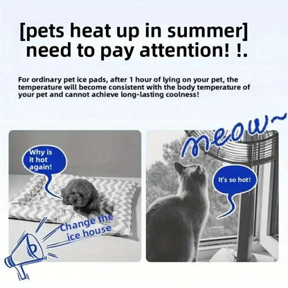Two images showing pets near ice pads with text about pet heat issues and ice pad effectiveness.