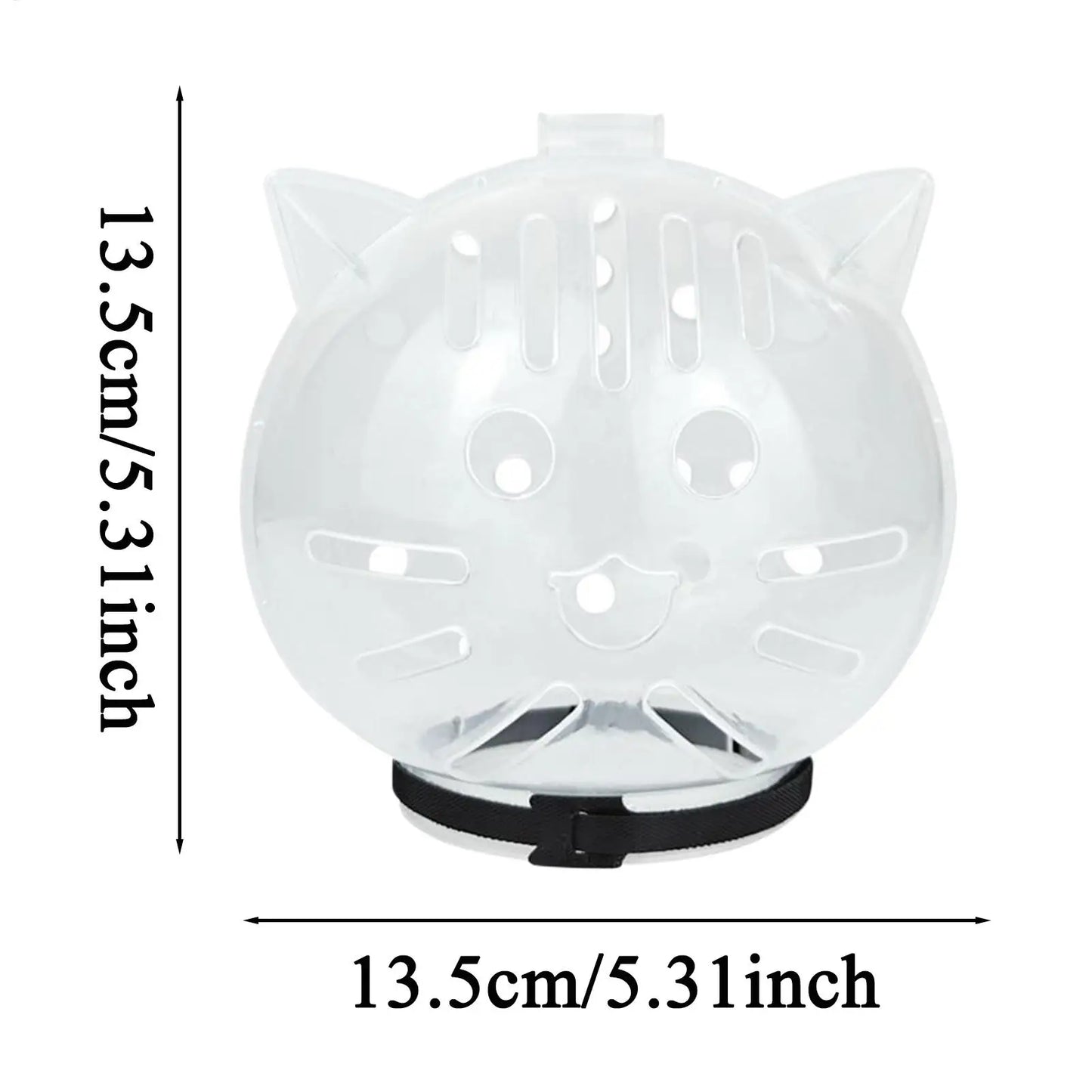 Transparent round object with cat ears and measurements on a white background