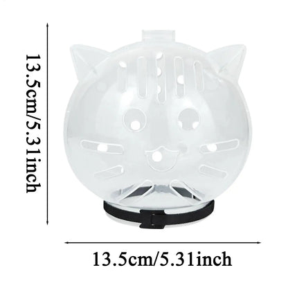 Transparent round object with cat ears and measurements on a white background