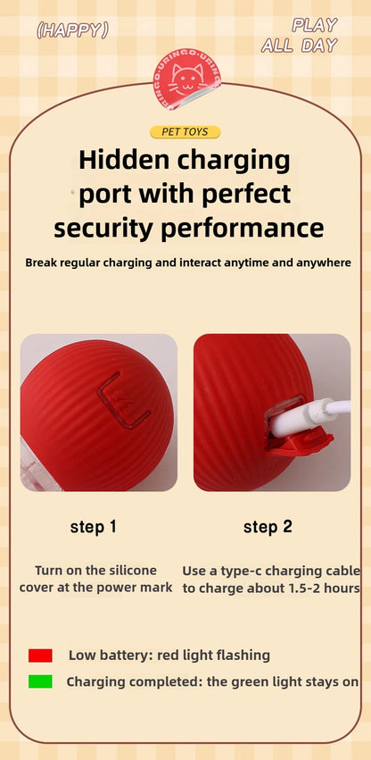 Red silicone ball with charging cable and text about hidden charging port and security performance.