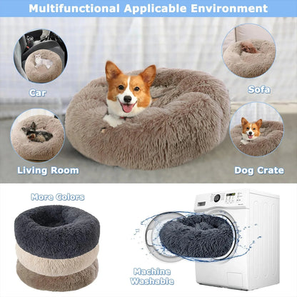 Dog lying on a fluffy donut bed with various usage scenarios and product details.