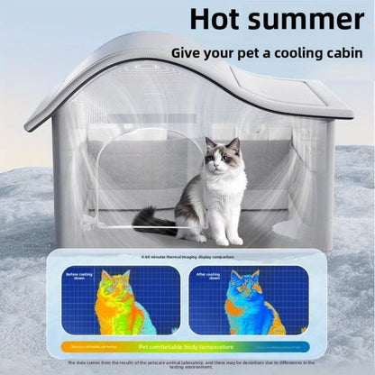 Pet cooling cabin with a cat inside, showing temperature difference before and after cooling.