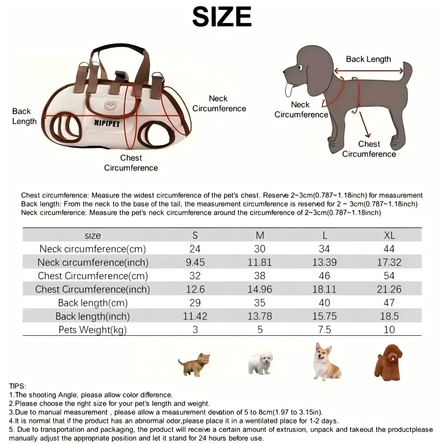 Measurement chart for dog carrier with labeled parts and size guide.