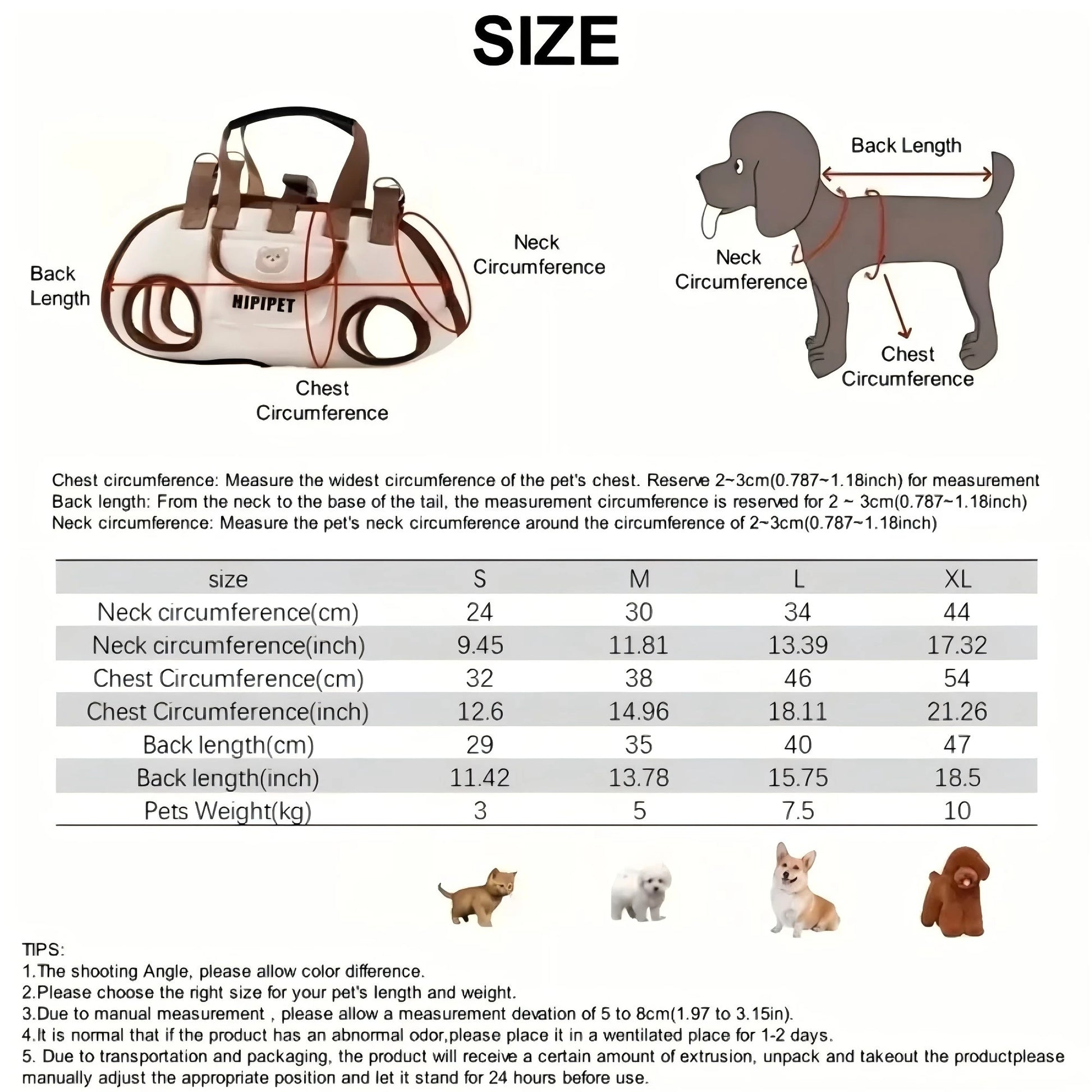 Measurement chart for dog carrier with labeled parts and size guide.
